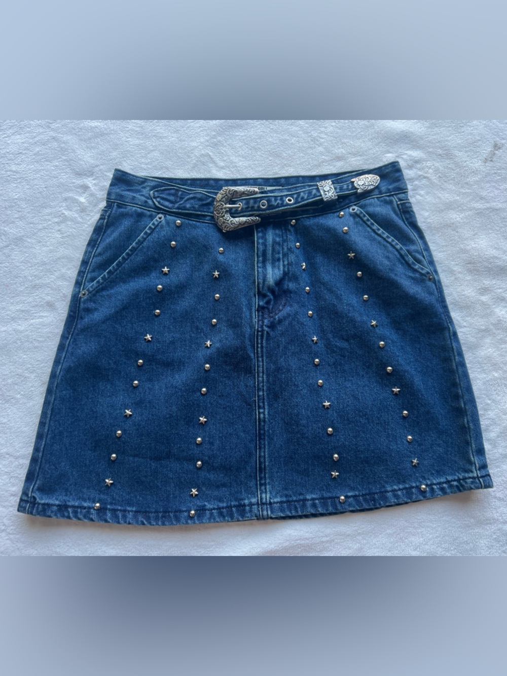 Rock & Roll Cowgirl Studded Western Denim Mini Skirt